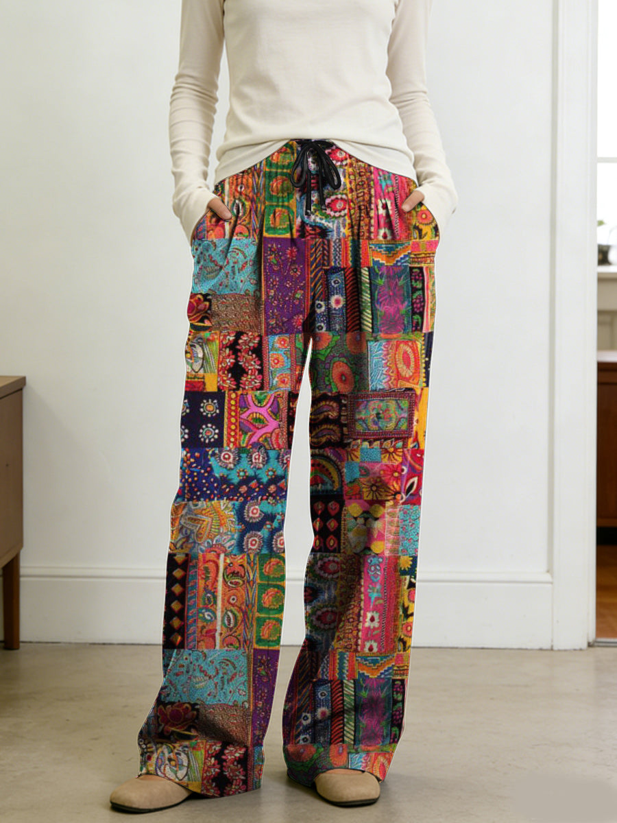 Exotic Vintage Style Mixed With Checkered Patterns Women's Casual Pants