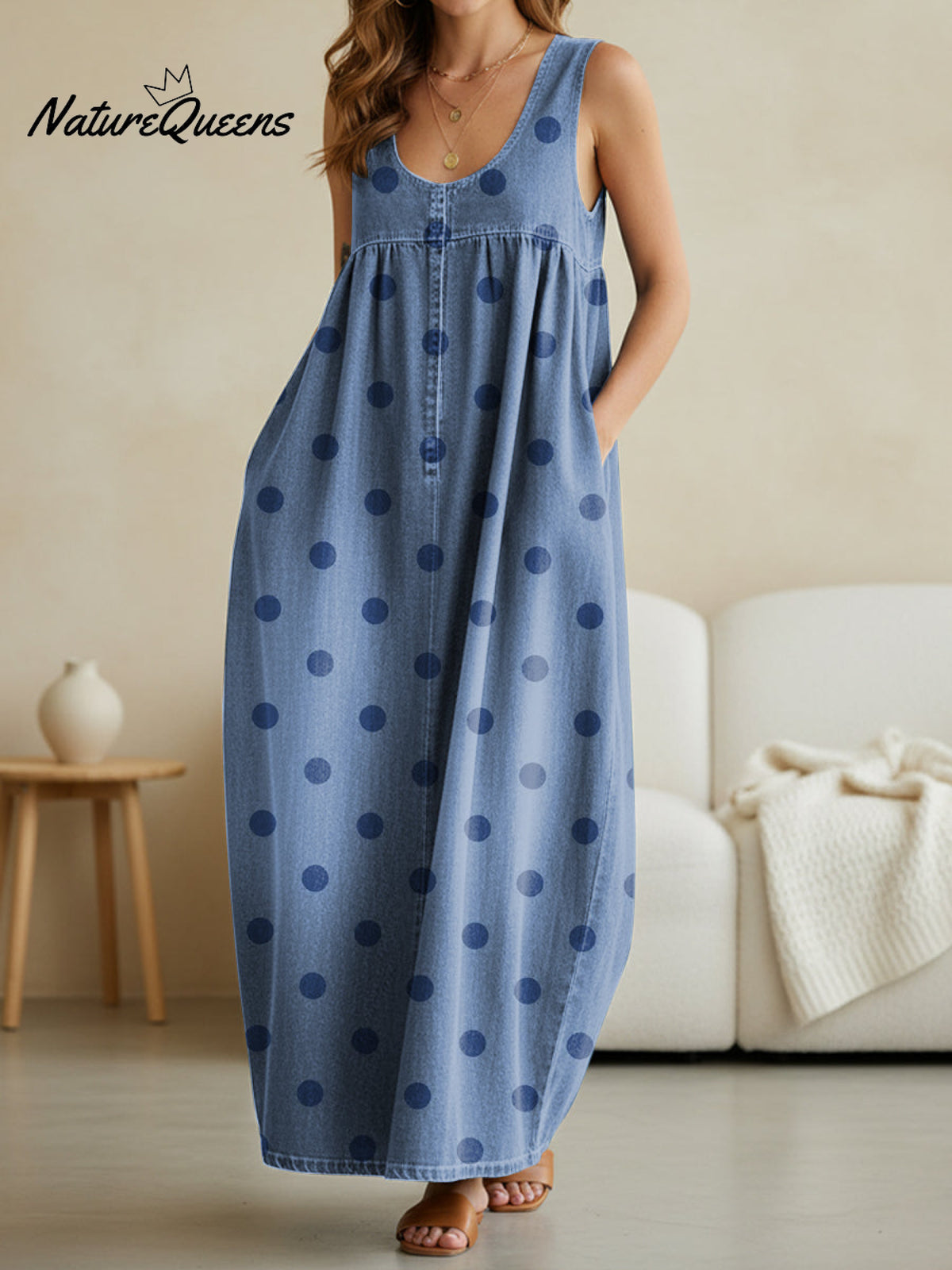 Women's Retro Polka Dots Print Casual Loose Denim Vest Dress