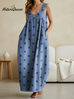 Women's Retro Polka Dots Print Casual Loose Denim Vest Dress