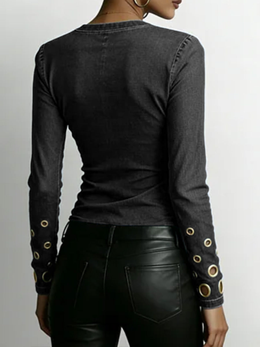 Women's Denim-look V-neck Long-sleeved Casual Loose-fitting Top