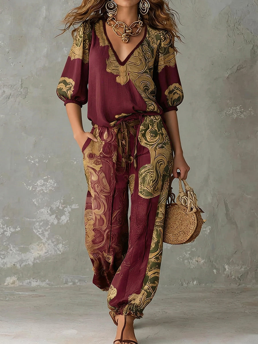 Bohemian Retro Vacation-style Printed V-neck Shirt