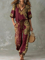 Bohemian Retro Vacation-style Printed V-neck Shirt