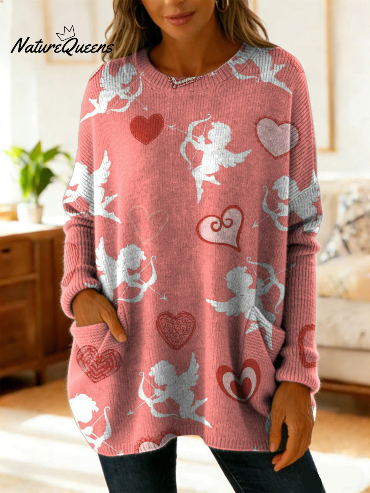 Valentine's Day Cupid Angel Decorative Pattern Women's Casual V Collar Long Sleeve Sweater