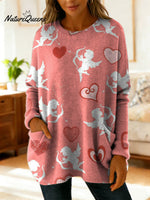 Valentine's Day Cupid Angel Decorative Pattern Women's Casual V Collar Long Sleeve Sweater