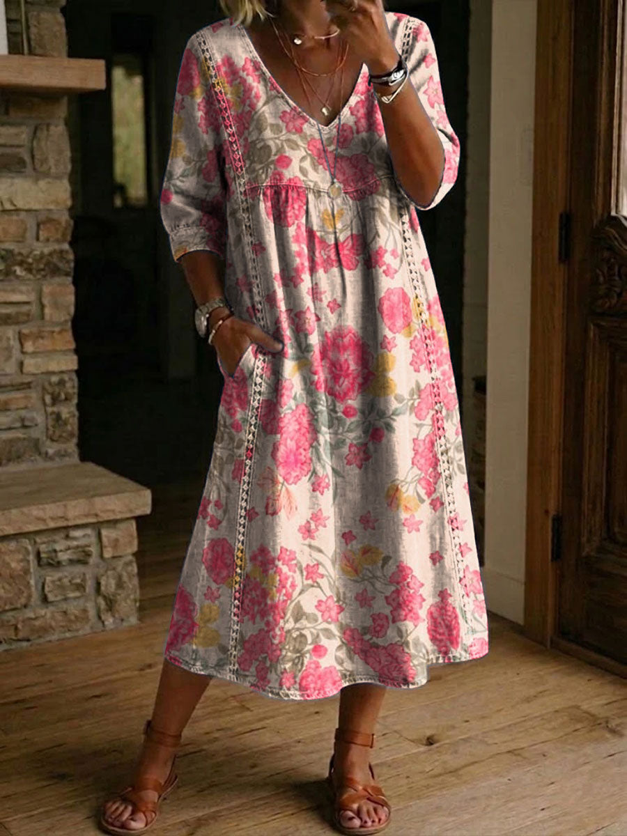Women's Flower Print Casual Loose-fit Cotton-linen Dress With Lace Trim And Paneling