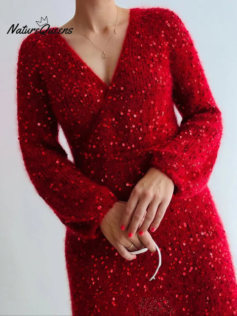 Christmas Party Elegant Sparkling V-neck Knit Dress