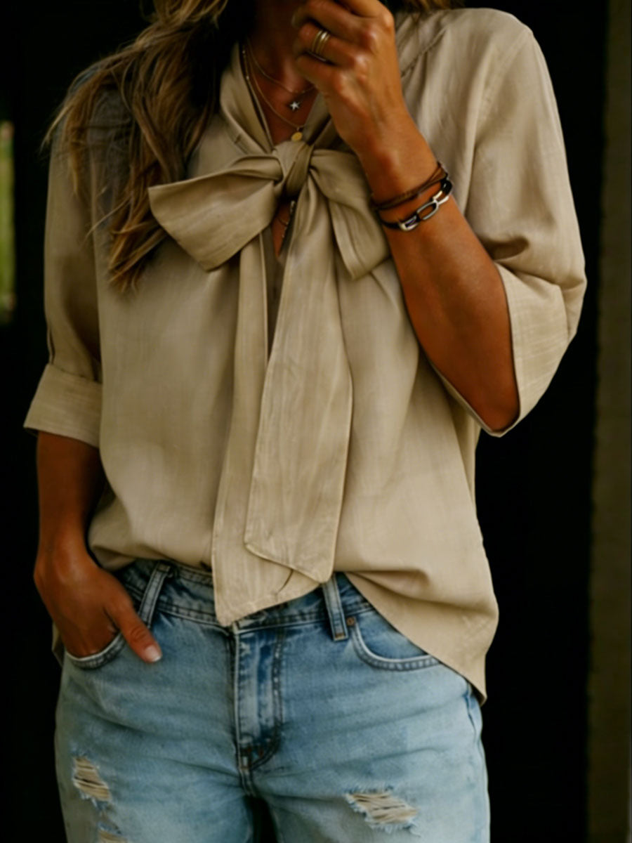 Women's Solid Color Tie-front Linen Cotton Shirt