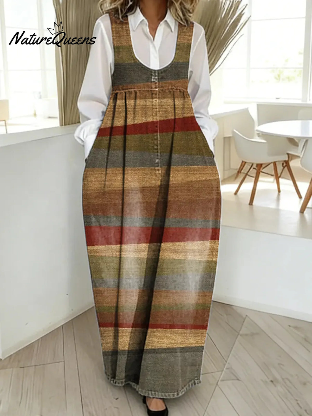 Women's Vintage Stripe Pattern Art Print Casual Cotton Denim Dress