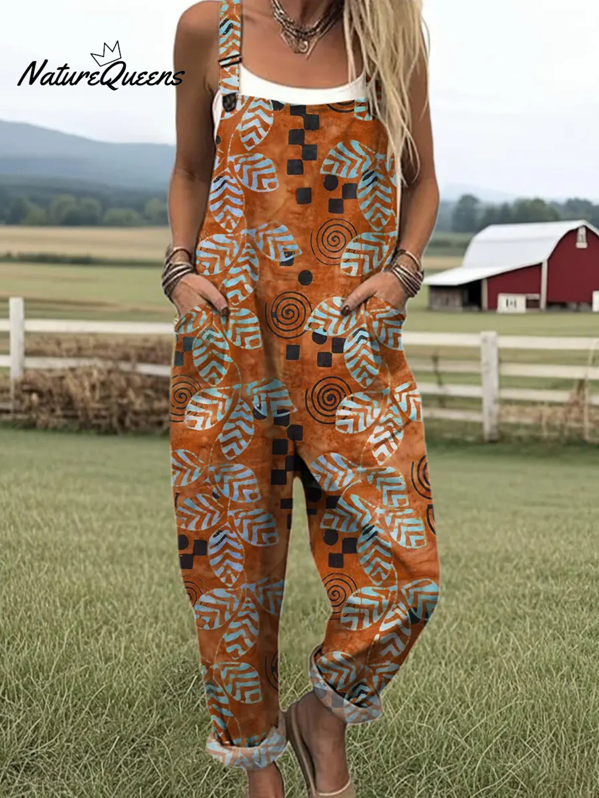 Women's Vintage Leaves Art Print Casual 100% Cotton Wide Leg Jumpsuit