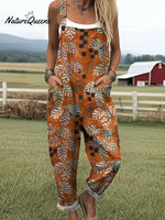 Women's Vintage Leaves Art Print Casual 100% Cotton Wide Leg Jumpsuit