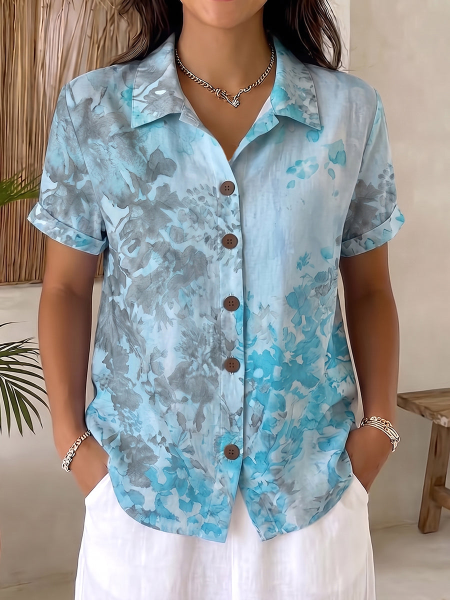 Artistic Watercolor Floral Cotton-linen Button-up Shirt