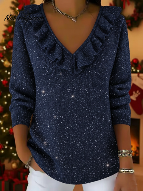 Christmas Elegant V-neck Ruffled Sparkly Sweater Top