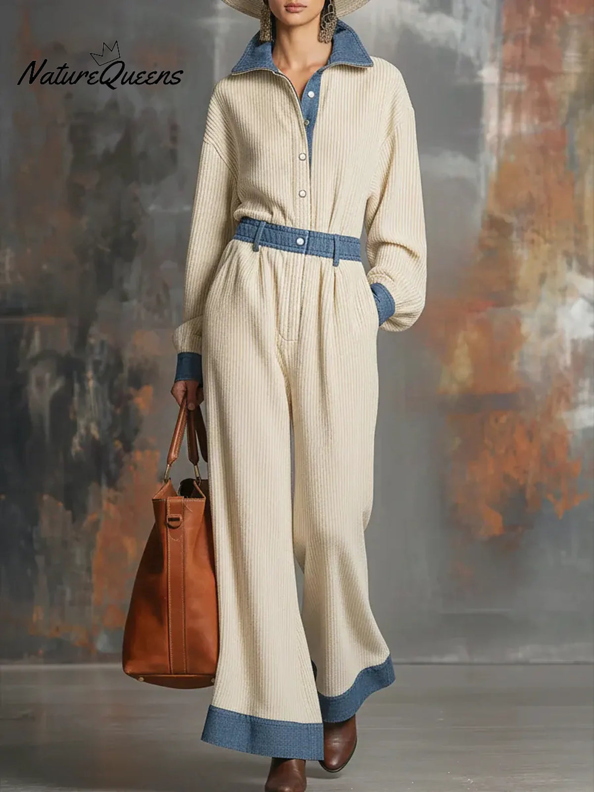 Women's Solid Color Denim Patchwork Shirt Collar Long Sleeve Casual Loose Knit Jumpsuit