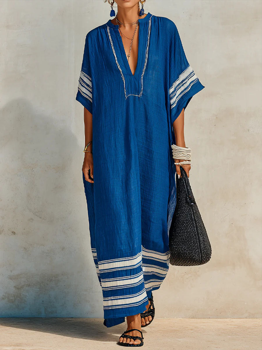 Women's V-neck 3/4-sleeve Casual Loose-fit Cotton-linen Dress
