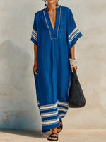 Women's V-neck 3/4-sleeve Casual Loose-fit Cotton-linen Dress