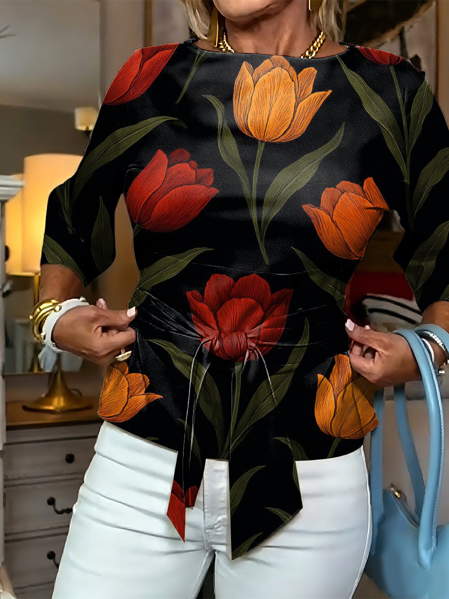 Elegant Floral Decorative Patterns Women's Round Collar Shirt