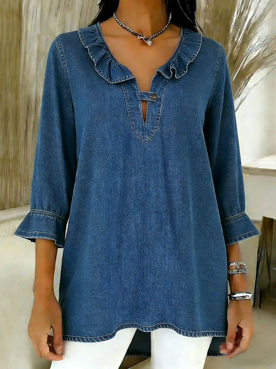 Women's V-neck 3/4 Sleeve Casual Loose Denim Top