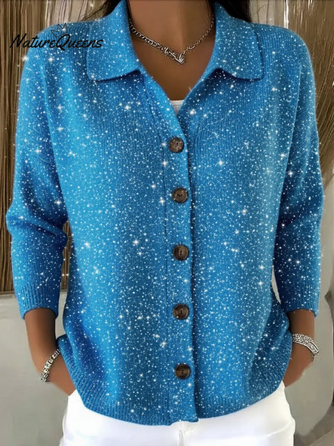Casual Christmas Party Shirt Collar Button Shiny Cardigan Sweater