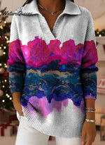 Christmas Retro Gradient Ethnic Art Pattern Art Polo Collar Shiny Loose Sweater Top