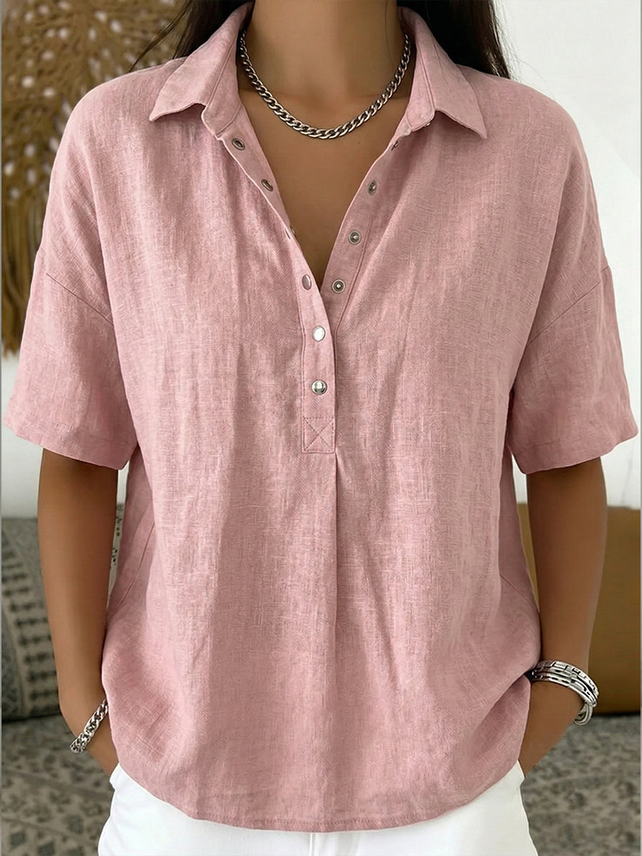 Casual Polo Collar Short-sleeved Linen And Cotton Shirt