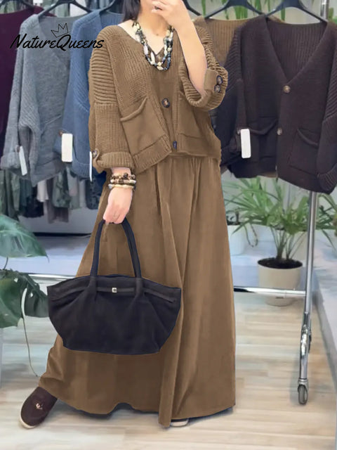 Women's Solid Color V-Neck Long-Sleeve Casual Loose Knit Cardigan Set with Elastic Waist A-Line Skirt