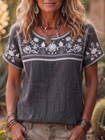 Retro Casual Cotton-linen Shirt With Floral Embroidery