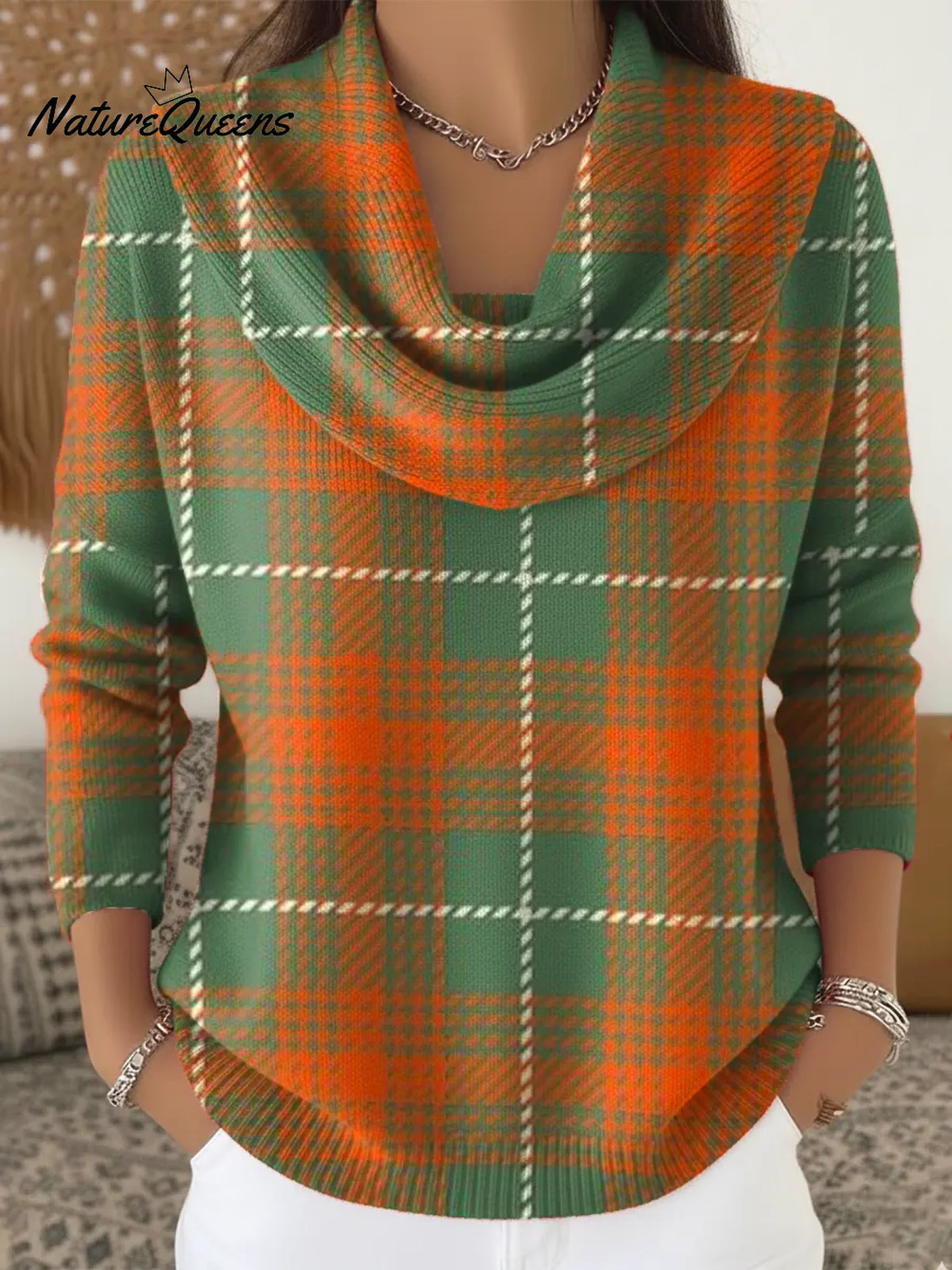 Women's Vintage PlaidArt Print Cowl Neck Sweater