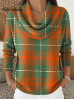 Women's Vintage PlaidArt Print Cowl Neck Sweater