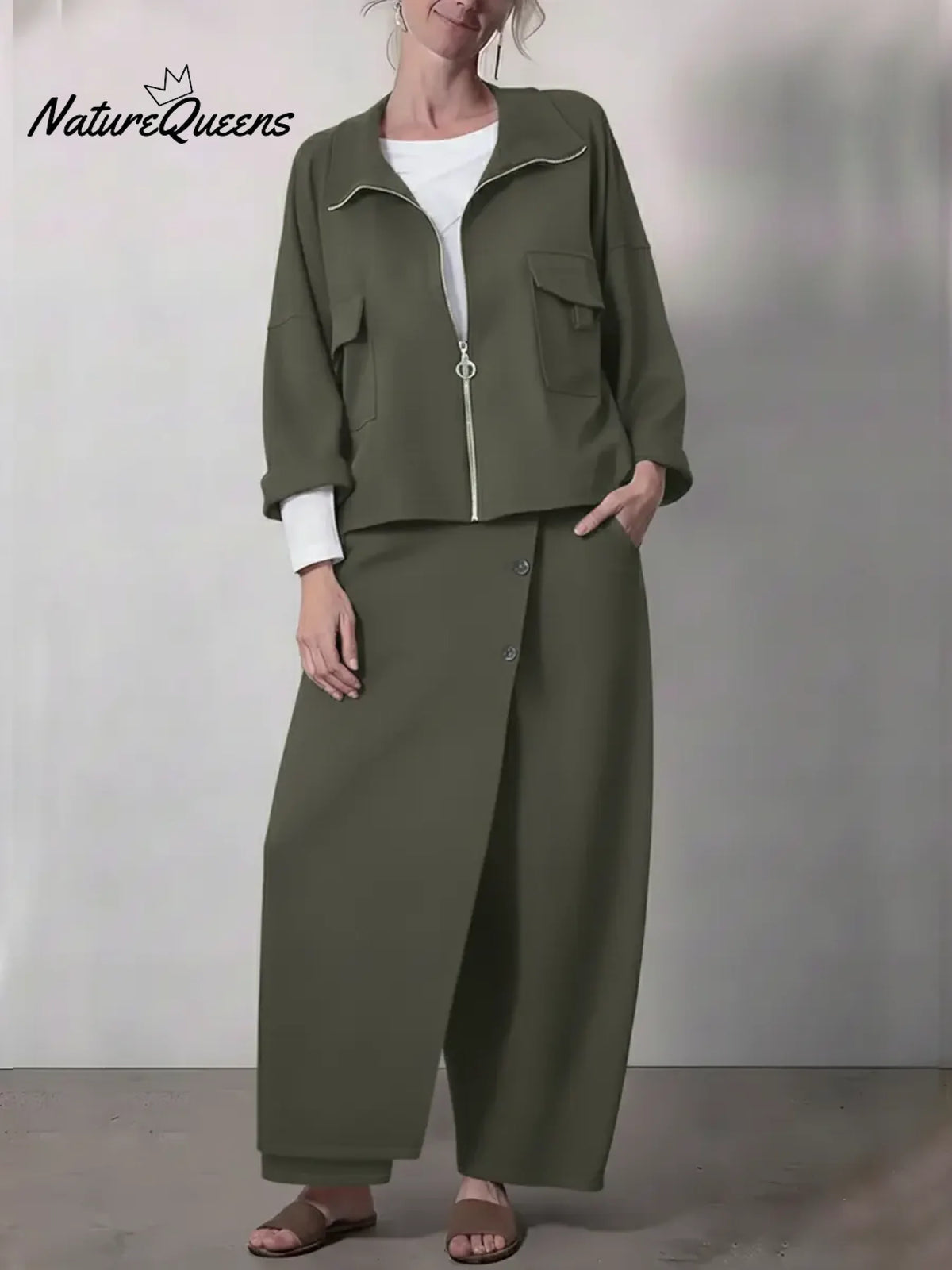 Women's Casual Zippered Cotton Jacket And Pants Two-piece Set