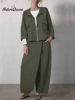 Women's Casual Zippered Cotton Jacket And Pants Two-piece Set