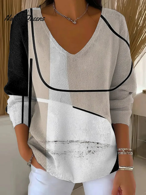 Women's Abstract Pattern Art Print Casual V-Neck Sweater