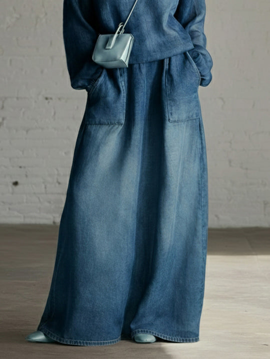 Casual Denim Stand-collar Zip-up Top And Skirt Two-piece Set