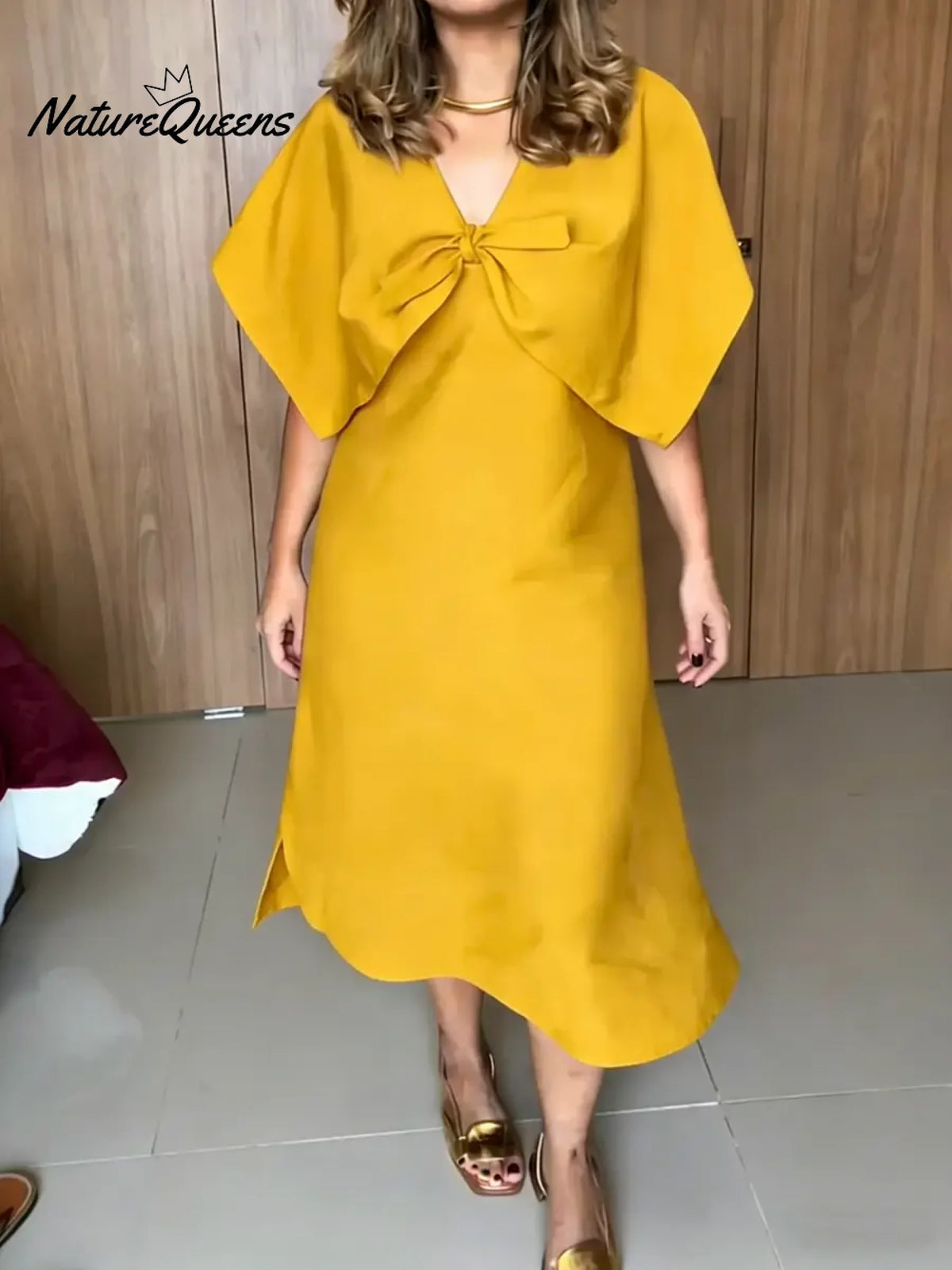 Women's Solid Color V-neck Short-sleeve Casual Loose Cotton Dress