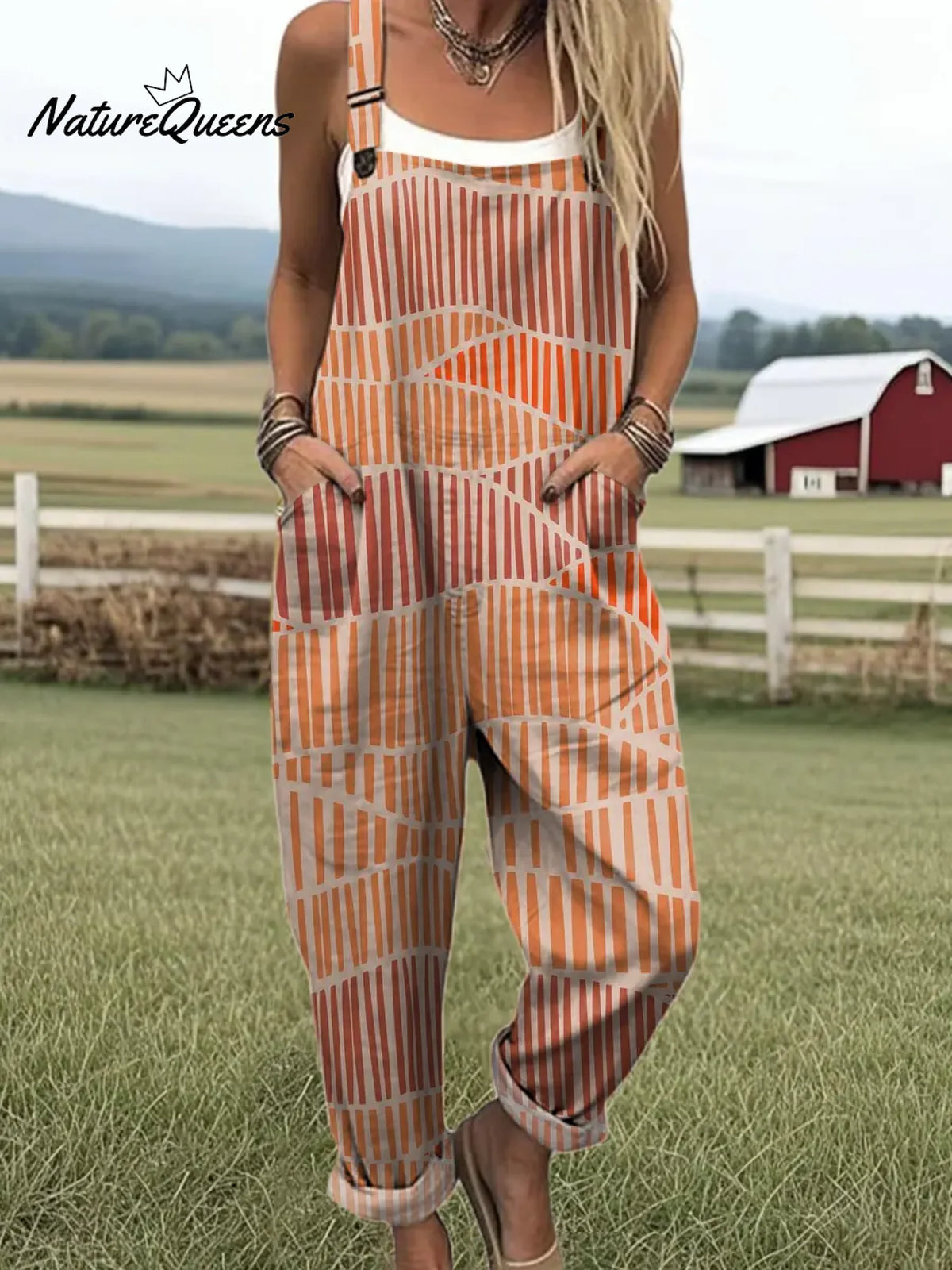 Women's Vintage Geometric Lines Art Print Casual 100% Cotton Wide Leg Jumpsuit