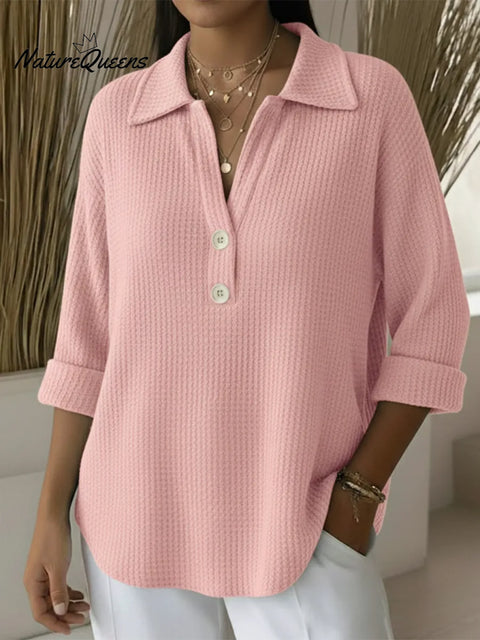 Classic Polo V-neck Button-down Waffle Sweater Top