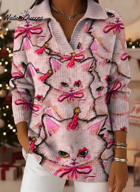 Women's Funny Cats Art Print Casual Cotton Sweater
