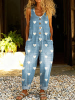 Women's Vintage LOVE Print Casual Cotton Vest Denim Jumpsuit
