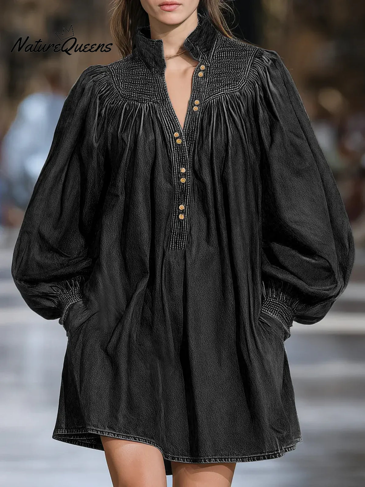 Women's Solid Color Stand-collar Long-sleeved Casual Loose-fitting Pleated Cotton Dress