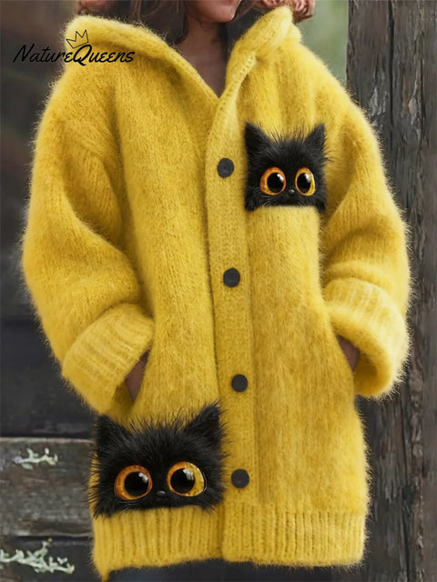 Women's Funny Cats Pattern Art Print Casual Fleece Coat