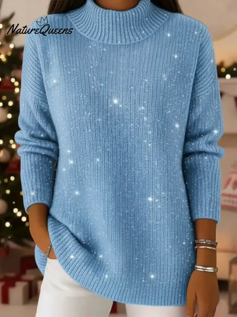 Women's Solid Color Stand Collar Casual Loose Sequined Knit Sweater