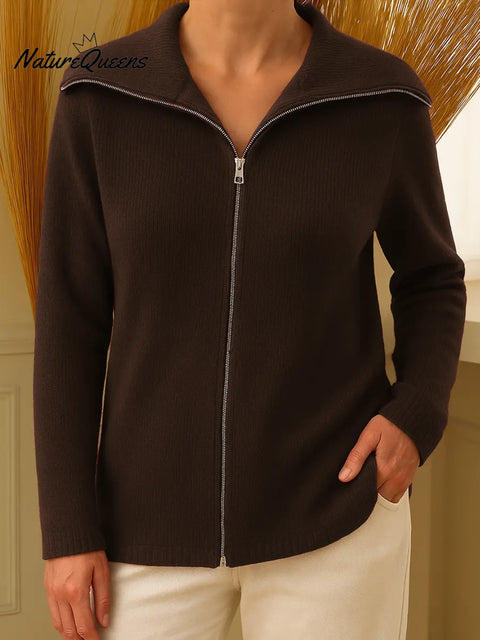 Women's Solid Color Collared Long-Sleeved Casual Loose Knit Zipper Cardigan