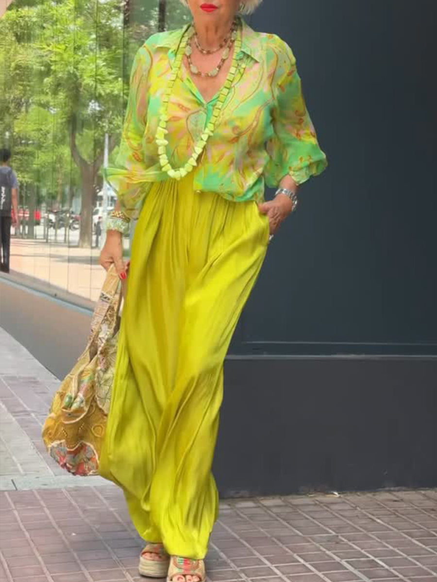 Cozy And Flowy Printed Silk-blend Shirt And Solid-color Trousers Two-piece Set