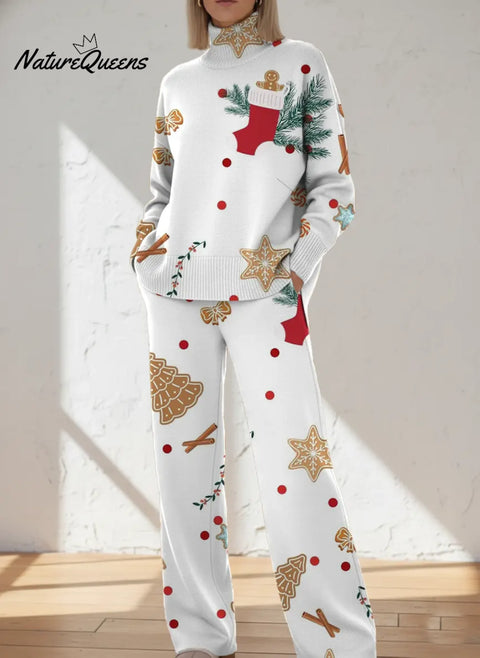 Women's Retro Christmas  Art Print Casual Knit Set