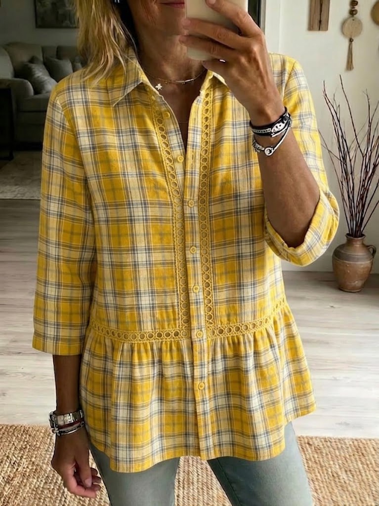 Casual Patchwork Cutout Webbing Plaid Linen-cotton Shirt