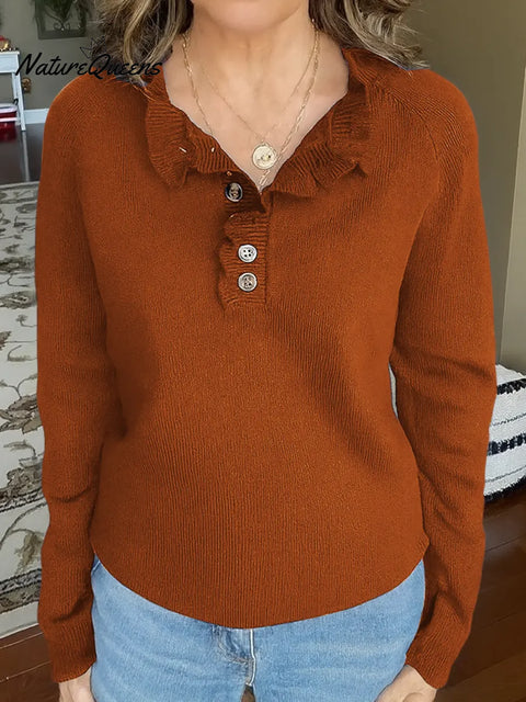 Women's Solid Color V-Neck Long Sleeve Casual Loose Knit Top