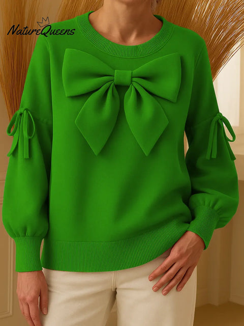 Women's Solid Color Crew Neck Casual Bow Loose Sweatshirt