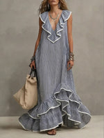 Stylish Casual Striped Linen-cotton Ruffled Maxi Dress