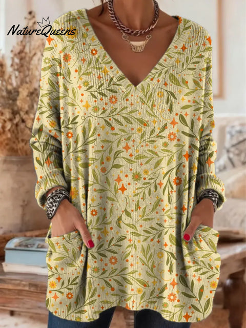 Women's Floral Pattern Art Print Casual Cotton Knitted Sweater