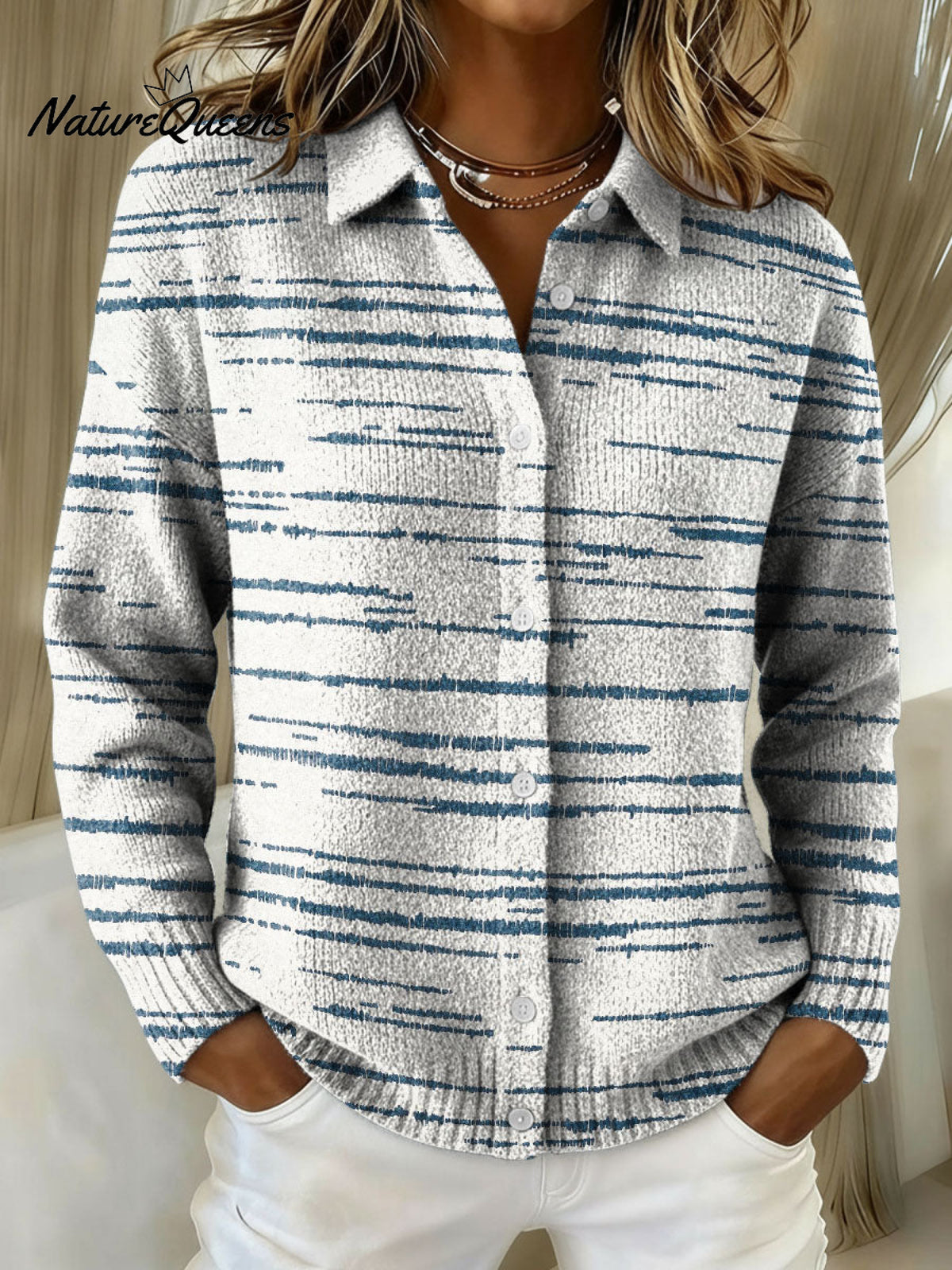 Discontinuous Horizontal Stripe Decorative Pattern Casual Shirt Collar Long Sleeve Sweater