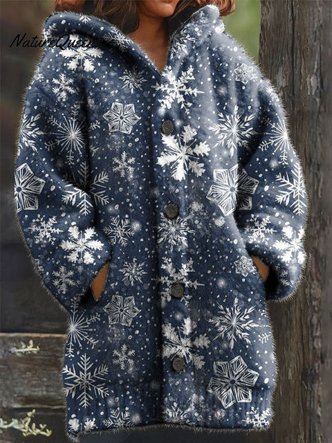 Women's Retro Christmas Snowflake Pattern Art Print Casual Plush Warm Coat